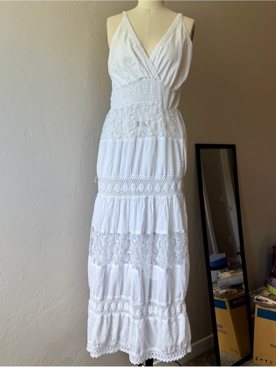 Vintage Dresses & Skirts - India Made White Lace Crochet Tiered Maxi Dress - XL